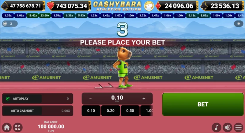 Cashybara Athletics Edition – hovedskjermen for løpet med en koeffisientteller